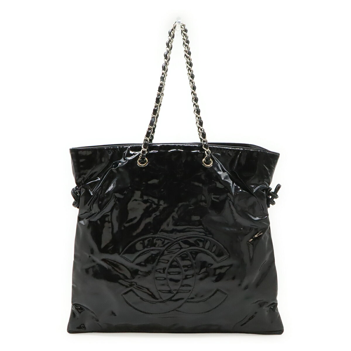 CHANEL - CHANEL シャネル ボンボン チェーントート ココマーク トートバッグ チェーンショルダー ショルダーバッグ エナメル ブラック シルバー金具 【中古】