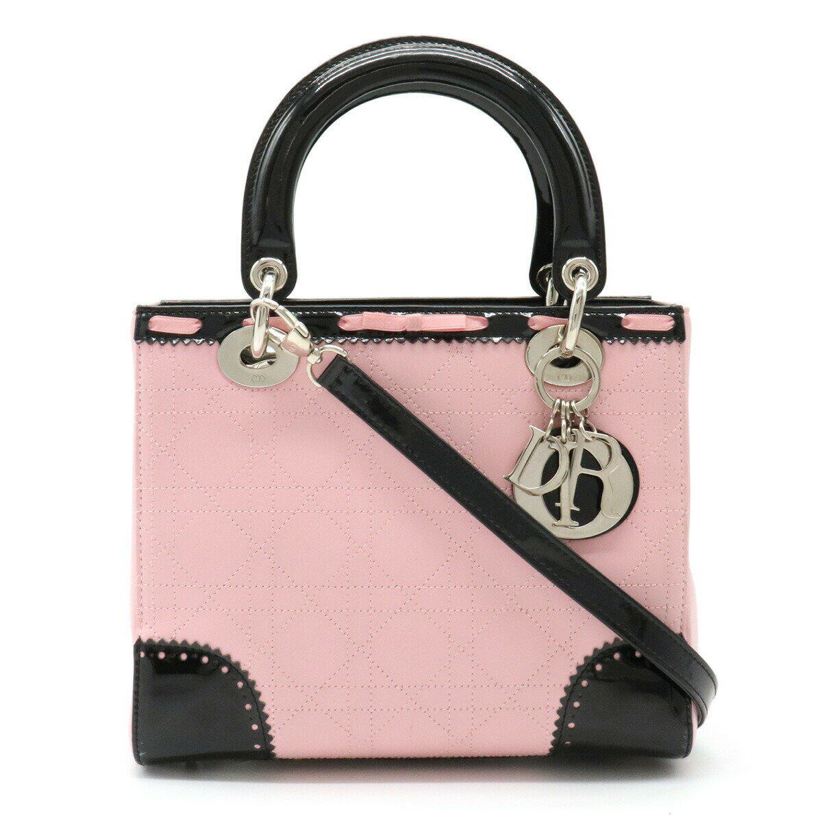 【バッグ】Christian Dior クリスチャン ディオール レディディオール ハンドバッグ 2WAY ショルダーバッグ レザー エナメル ピンク ブラック 黒