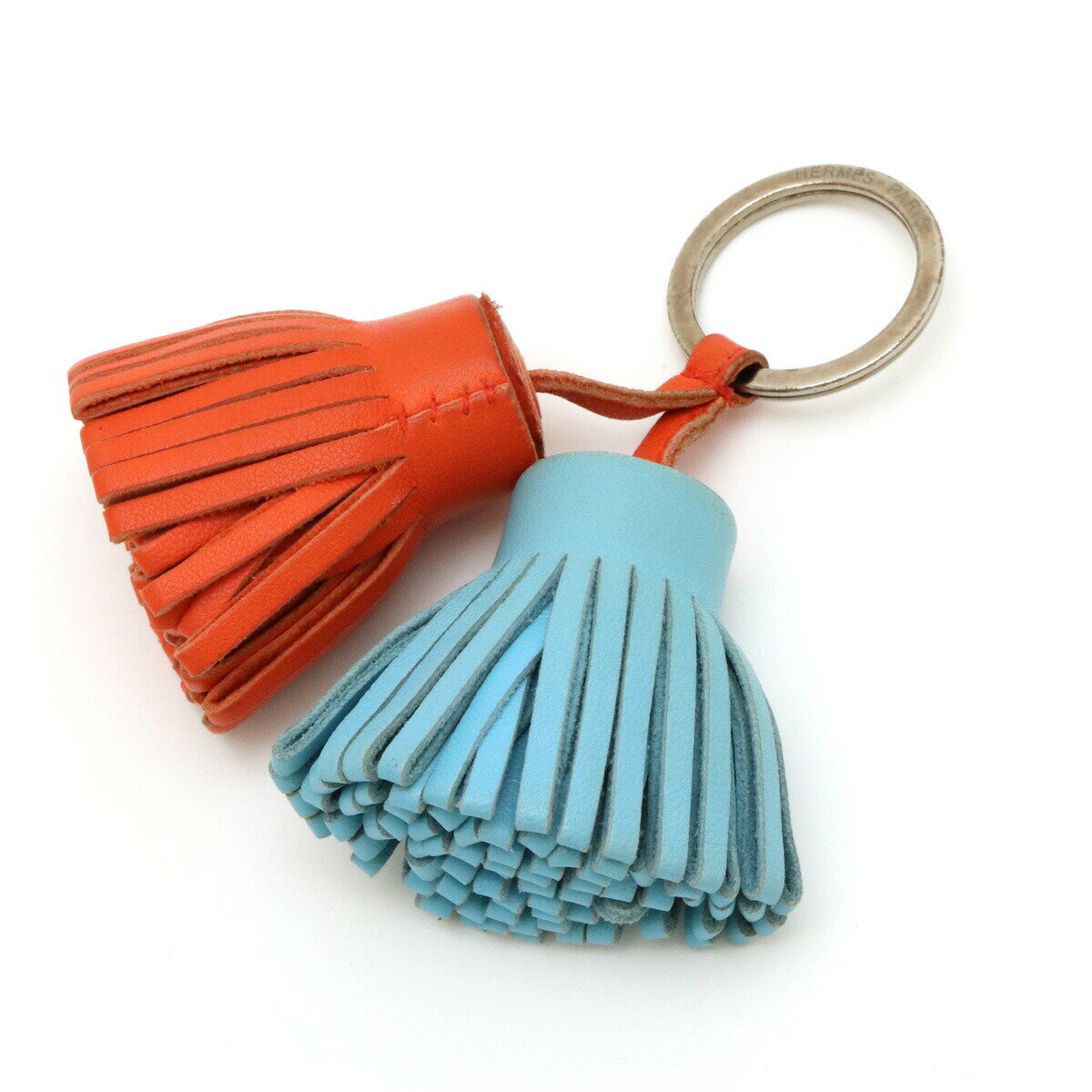 HERMES エルメス カルメン ウノドス キーリング キーホルダー フリンジ タッセル チャーム ラムスキン レザー オレンジ ライトブルー 【中古】のサムネイル