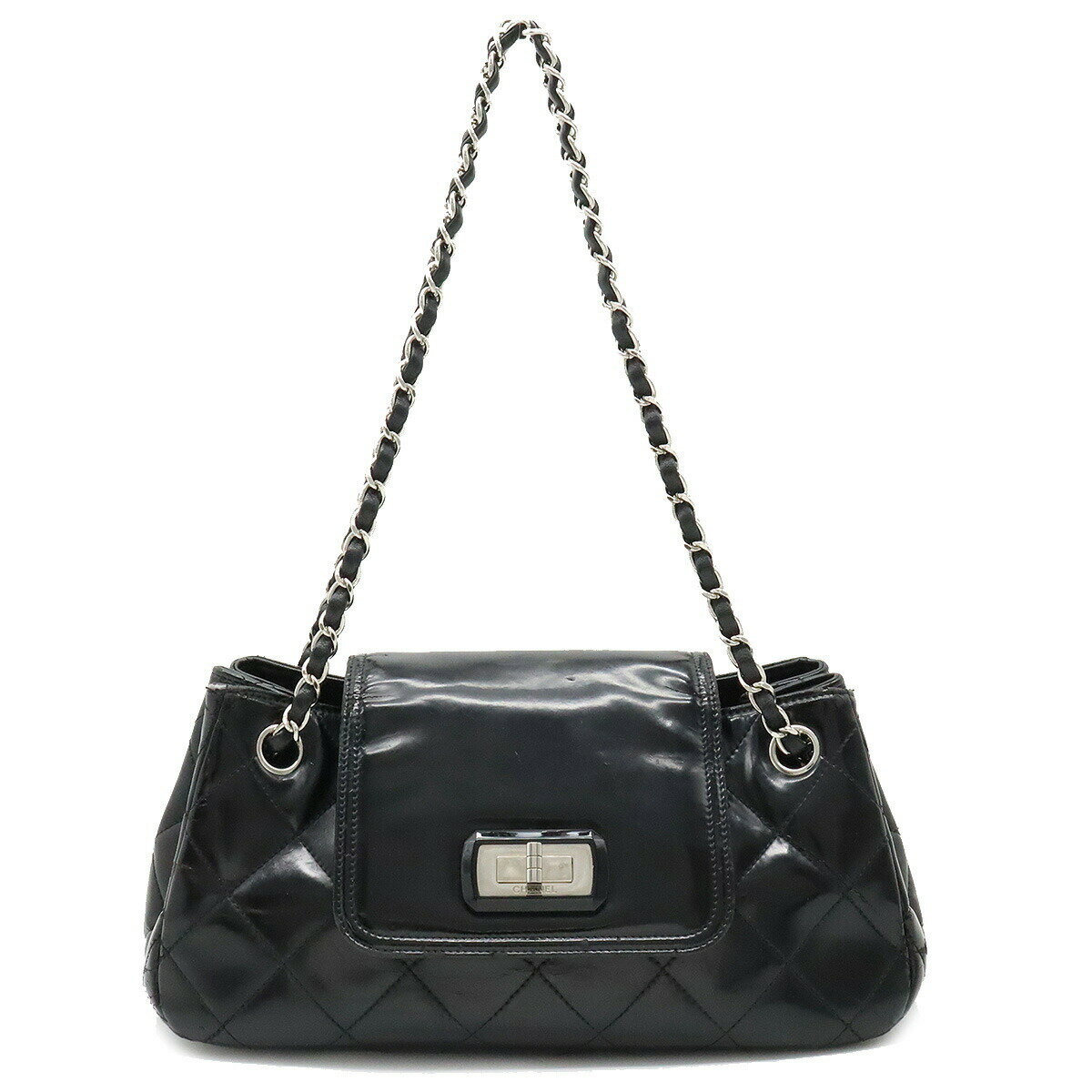【バッグ】CHANEL シャネル 2.55 マトラッセ Wチェーンバッグ ショルダーバッグ セミショルダー 2WAY パテントレザー ブラック 黒 シルバー金具 【中古】のサムネイル