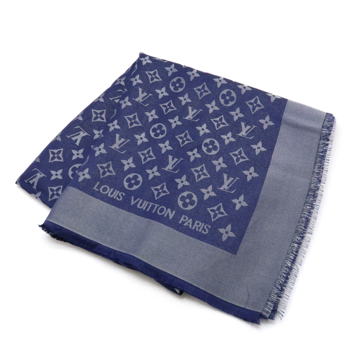LOUIS VUITTON ルイ ヴィトン ショール モノグラム シャイン 大判 ストール フリンジ シルク レーヨン ウール ポリエステル ネイビーブルー 410460 【中古】