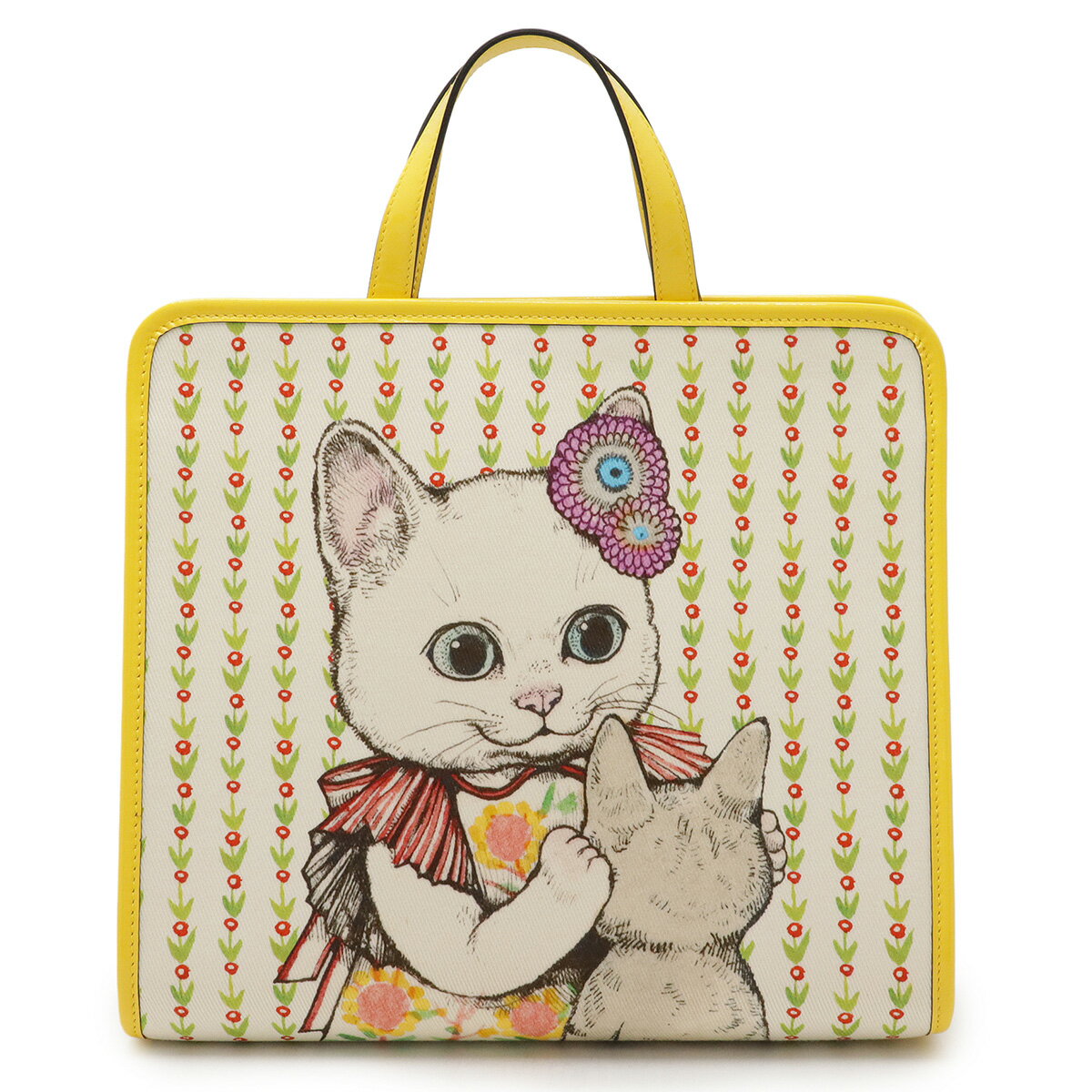 GUCCI グッチ チルドレンズ ヒグチユウコ 猫 キャット 日本限定 ハンドバッグ トート キャンバス エナメル ホワイト アイボリー イエロー 605614 【中古】