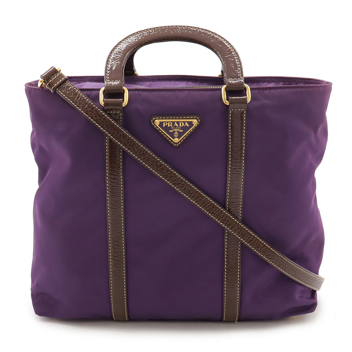 PRADA プラダ トートバッグ ハンドバッグ 2WAY ショルダーバッグ 斜め掛け ナイロン パテントレザー パープル 紫 ブラウン 茶 ゴールド金具 【中古】