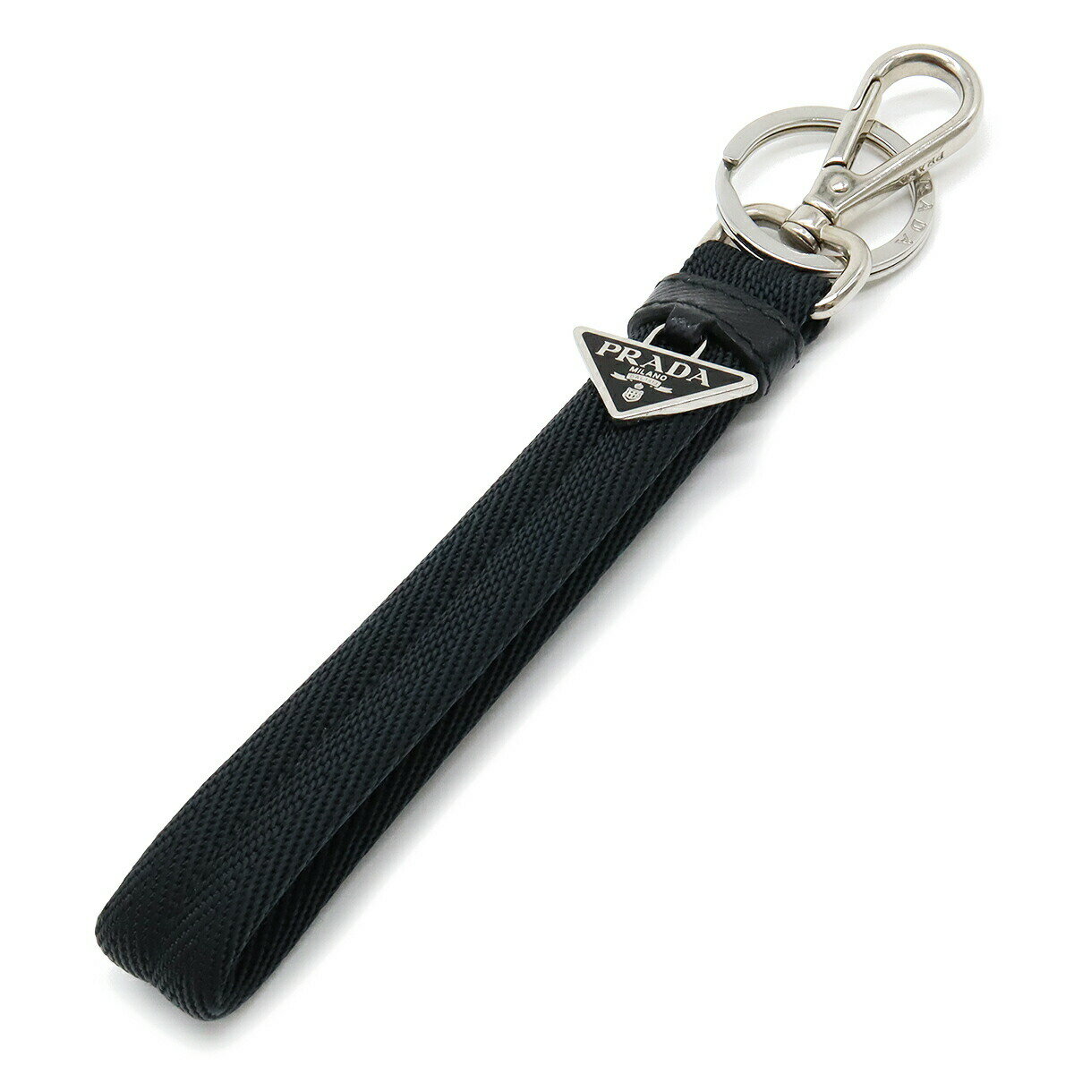 PRADA プラダ トライアングルロゴ キーホルダー キーリング ストラップ バッグチャーム ナイロン レザー NERO 黒 ブラック シルバー金具 2PT011 【中古】