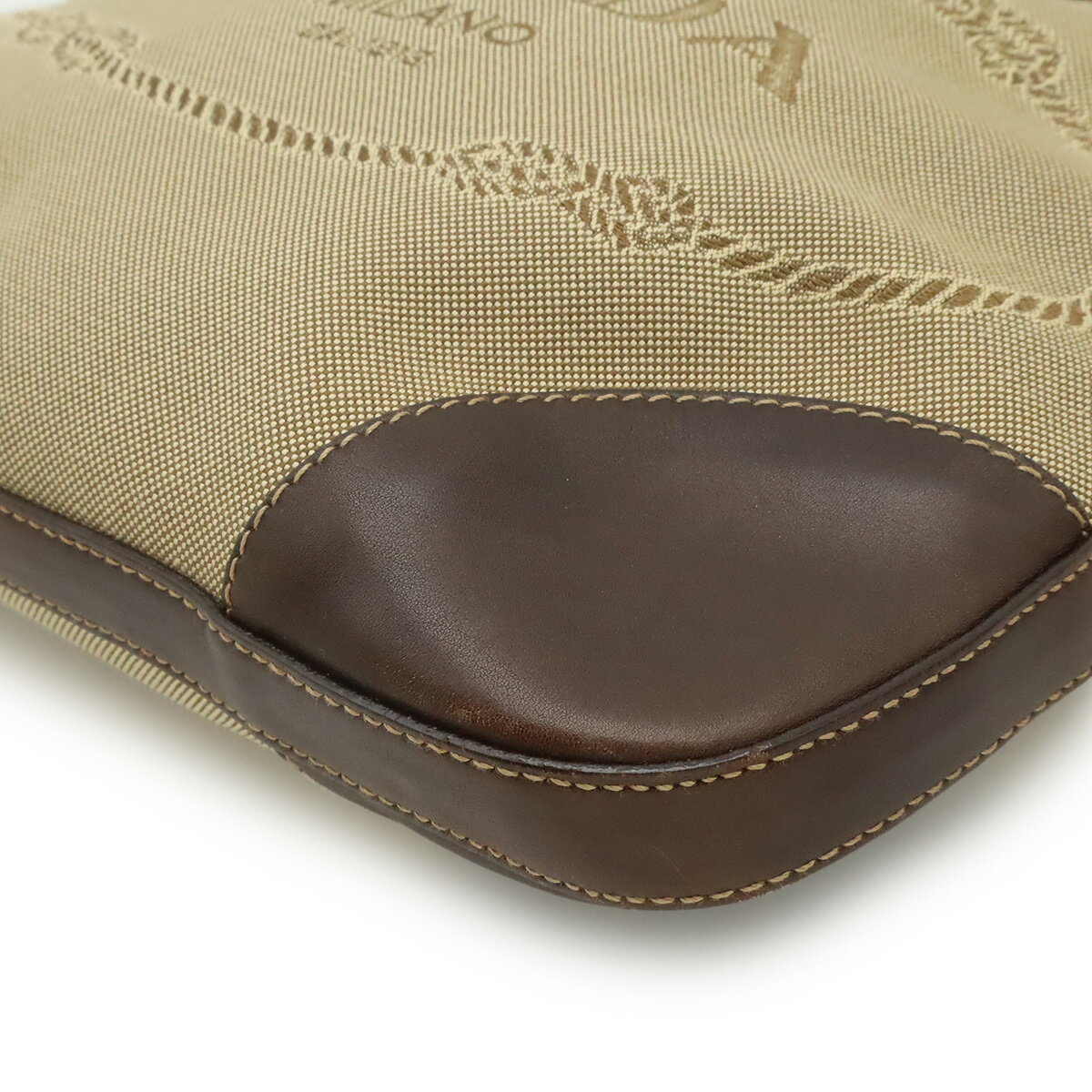 PRADA プラダ ロゴジャガード ショルダーバッグ 斜め掛け キャンバス レザー カーキベージュ ダークブラウン 茶 シルバー金具 BT0534 【中古】