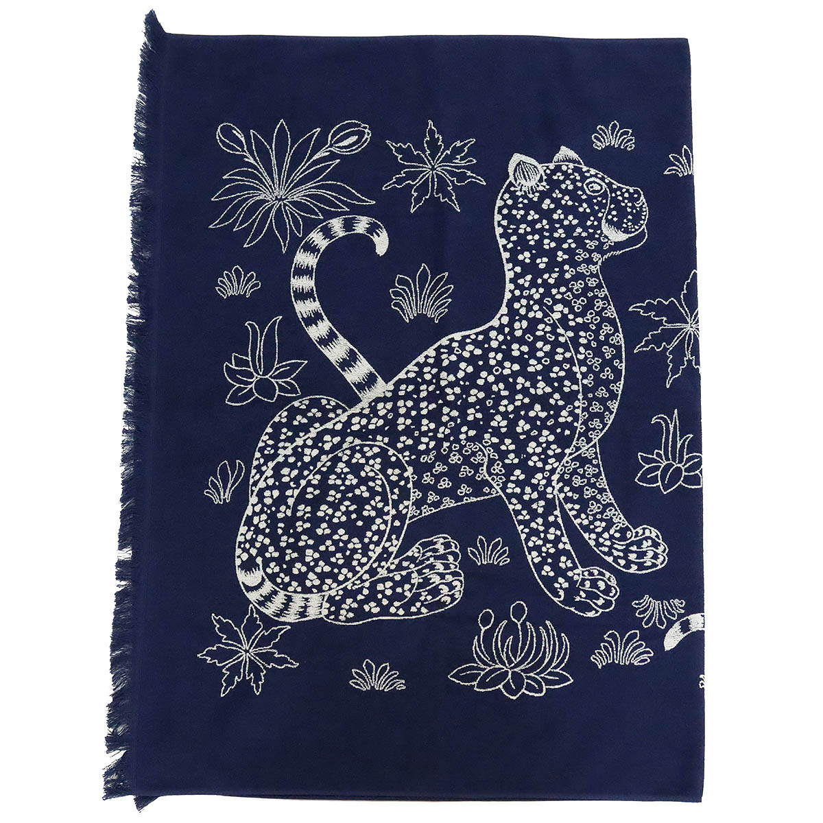 HERMES エルメス Leopards Towel バスタオル ビーチタオル ビーチマット レオパード ヒョウ柄 アニマルプリント コットン100% ネイビー 紺 【中古】