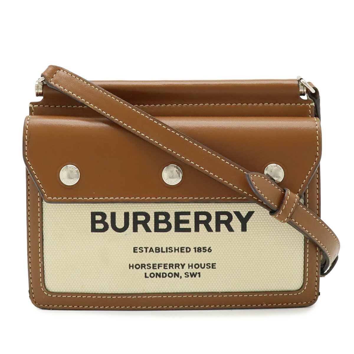 乐天商城 - BURBERRY バーバリー ホースフェリープリント ショルダーバッグ ポシェット 斜め掛け キャンバス レザー ナチュラル ブラウン 茶 8014611 【中古】