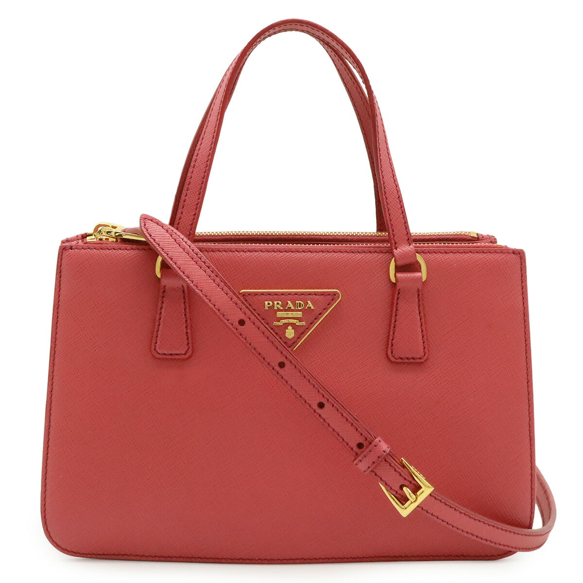 乐天商城 - PRADA プラダ ガレリア トライアングルロゴ ハンドバッグ ミニバッグ 2WAY ショルダーバッグ 斜め掛け サフィアーノ レザー ピンク ゴールド金具 【中古】