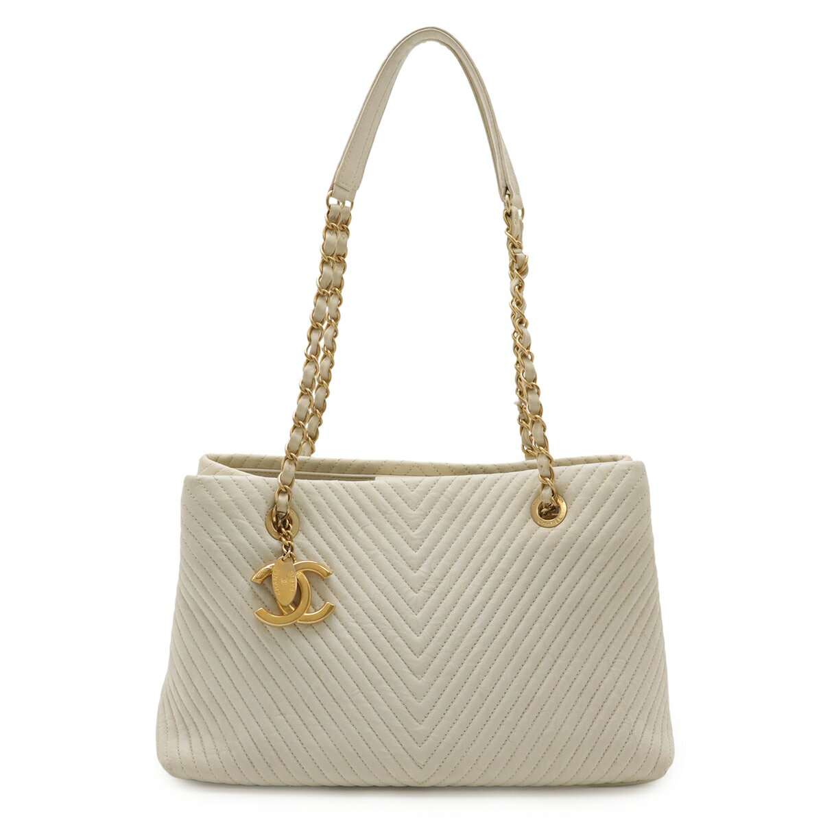 CHANEL シャネル Vステッチ シェブロン ココマーク トートバッグ チェーンショルダー ショルダーバッグ レザー アイボリー 白 ゴールド金具 A92089 【中古】