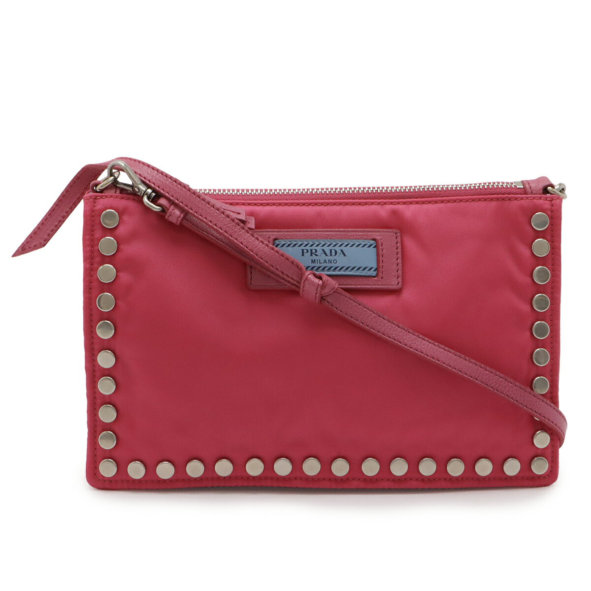 PRADA プラダ ショルダーバッグ セミショルダー 2WAY クラッチバッグ ポーチ スタッズ ナイロン FUXIA フューシャ 国内ブティック購入品 1NE006 【中古】