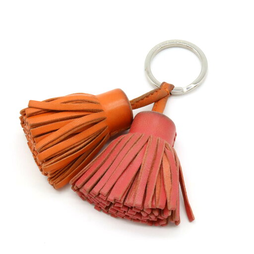 HERMES エルメス カルメン ウノドス キーリング キーホルダー フリンジ タッセル チャーム レザー オレンジ ピンク シルバー金具 【中古】 HERMES エルメス カルメン ウノドス キーリング キーホルダー フリンジ タッセル チャーム レザー オレンジ ピンク シルバー金具 【中古】