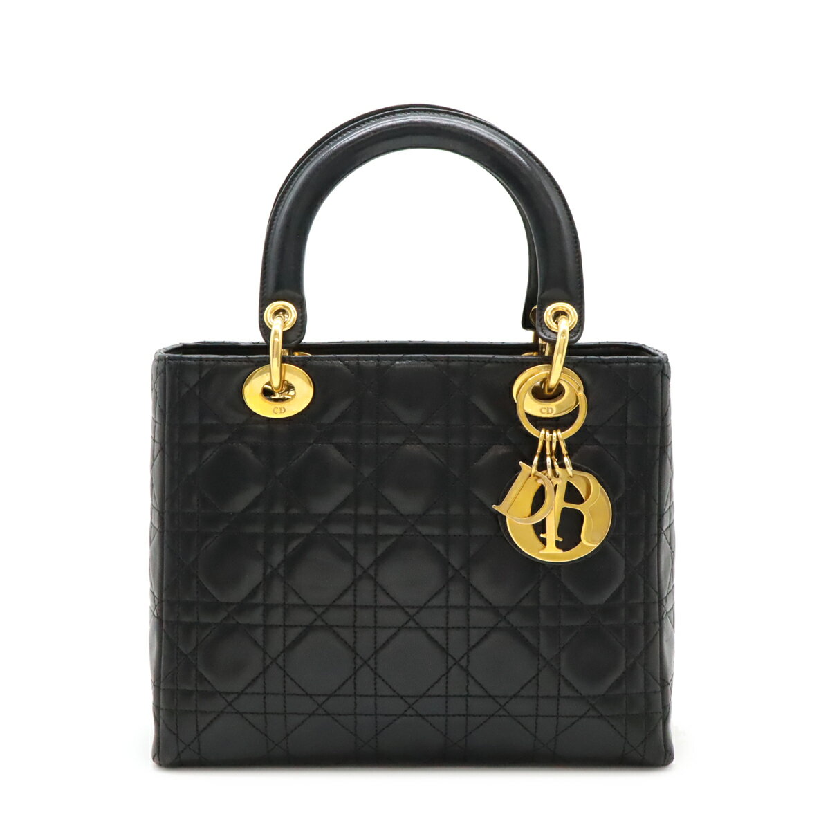 Christian Dior クリスチャン ディオール レディディオール カナージュ ハンドバッグ トートバッグ ラムスキン レザー ブラック 黒 ゴールド金具 【中古】