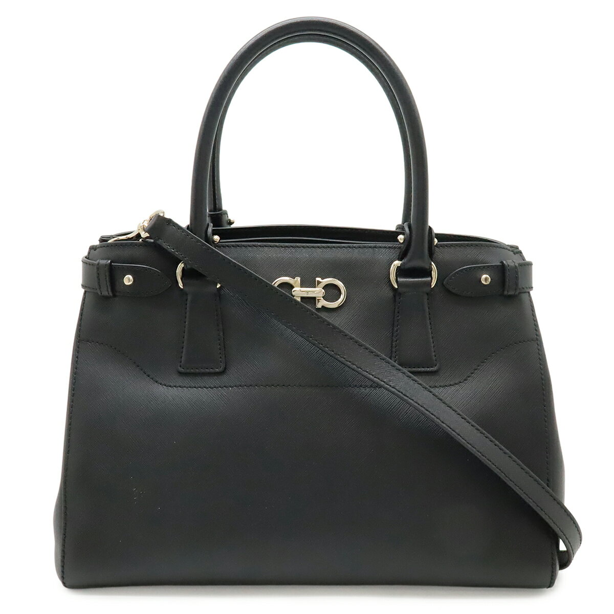 乐天商城 - Salvatore Ferragamo サルヴァトーレ フェラガモ ガンチーニ ハンドバッグ 2WAY ショルダーバッグ レザー ブラック 黒 シルバー金具 GG-21D940 【中古】