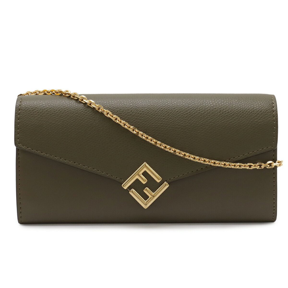 FENDI - FENDI フェンディ FFダイヤモンド チェーンウォレット 長財布 クラッチバッグ 2WAY ポシェット レザー グレージュ ゴールド金具 8M0365 【中古】