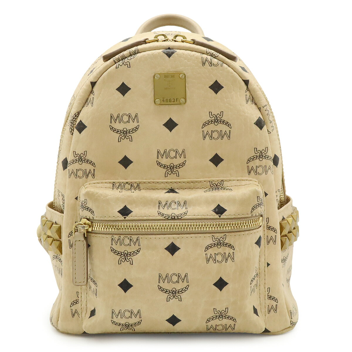 樂天商城 - MCM エムシーエム ヴィセトス スターク バックパック ミニ リュックサック スタッズ コーティングキャンバス ベージュ ゴールド金具 MMK6SVE41IG001 【中古】