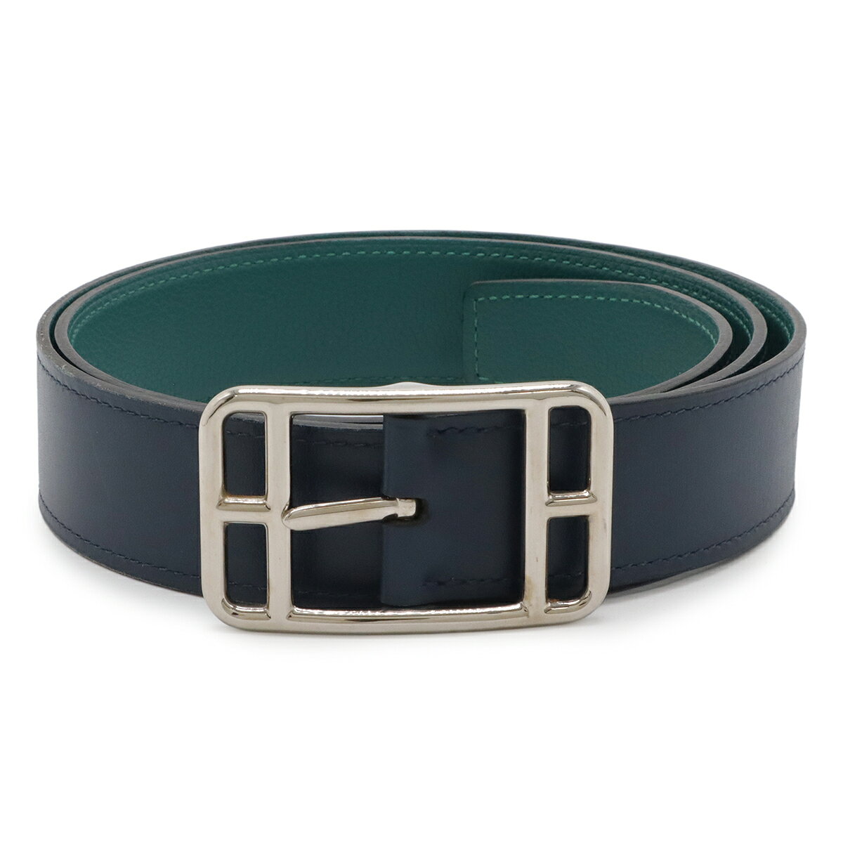 HERMES - HERMES エルメス ケープコッド32 ベルト リバーシブル レザー ブルーマリン マラカイト ボックスカーフ トゴ レザー シルバー金具 #85 T刻印 【中古】