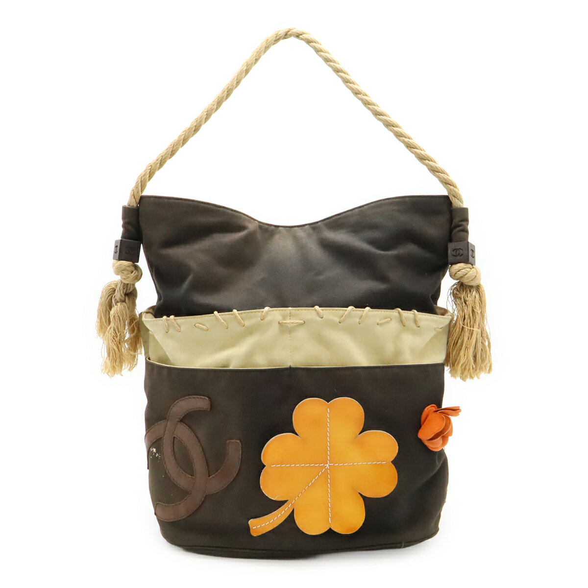 CHANEL シャネル フィッシュネット ロープ ココマーク カメリア トートバッグ ハンドバッグ キャンバス レザー ウッド ブラック ベージュ A21385 【中古】