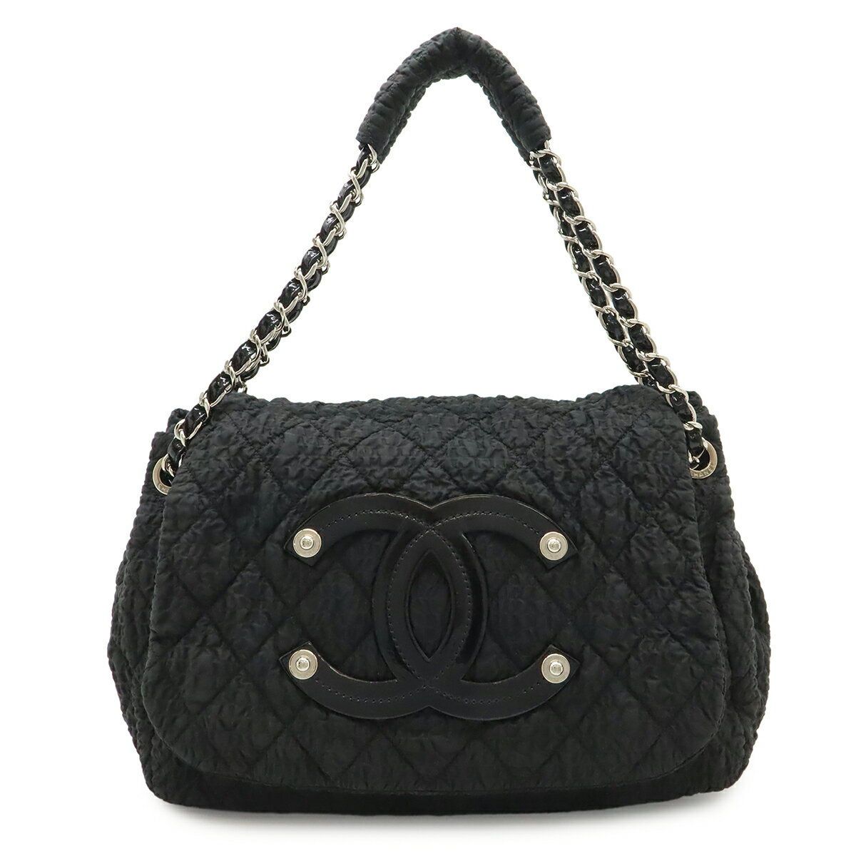 乐天商城 - CHANEL シャネル ココマーク チェーンショルダー ショルダーバッグ セミショルダー 肩掛け ギャザー ナイロン エナメル ブラック 黒 シルバー金具 【中古】