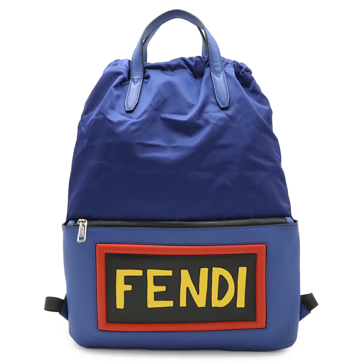Rakuten - FENDI フェンディ ロゴ フェイス ドローストリングバッグ バックパック リュックサック 巾着型 ナイロン レザー ネイビー 紺 マルチカラー 7VZ034 【中古】