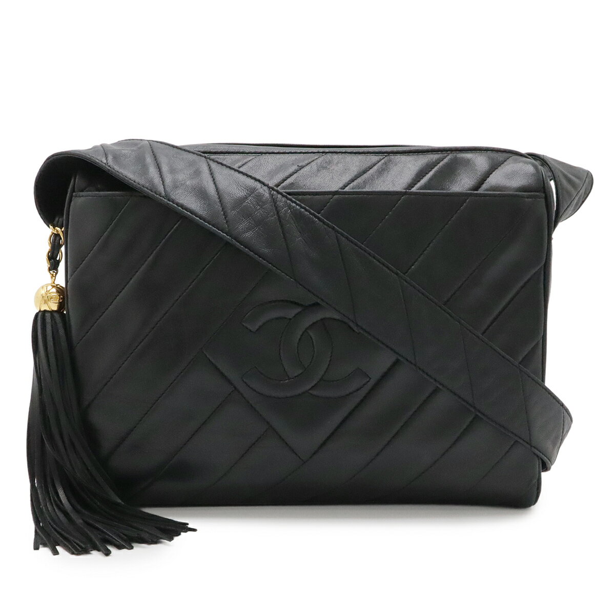 Rakuten - CHANEL シャネル バイアスステッチ ココマーク フリンジ タッセル ショルダーバッグ セミショルダー ラムスキン レザー ブラック 黒 ゴールド金具 【中古】