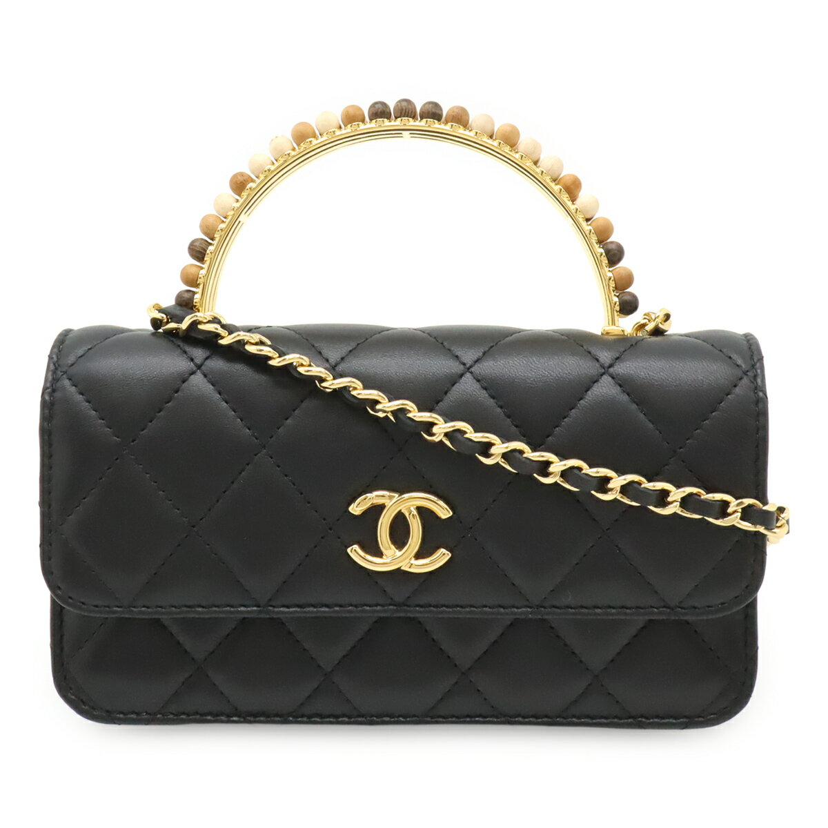 Rakuten - CHANEL シャネル マトラッセ ココマーク トップハンドル パールウッド ハンドバッグ 2WAY チェーンショルダーバッグ レザー ブラック ゴールド金具 【中古】