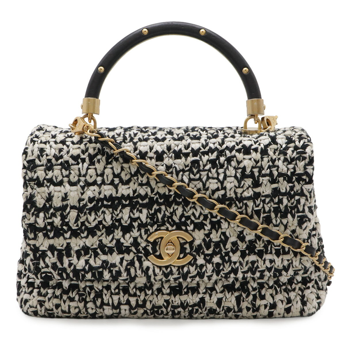 Rakuten - CHANEL シャネル ココハンドル29 S トップハンドル ハンドバッグ 2WAY チェーンショルダー ツイード ブラック ホワイト ゴールド金具 A92990 【中古】