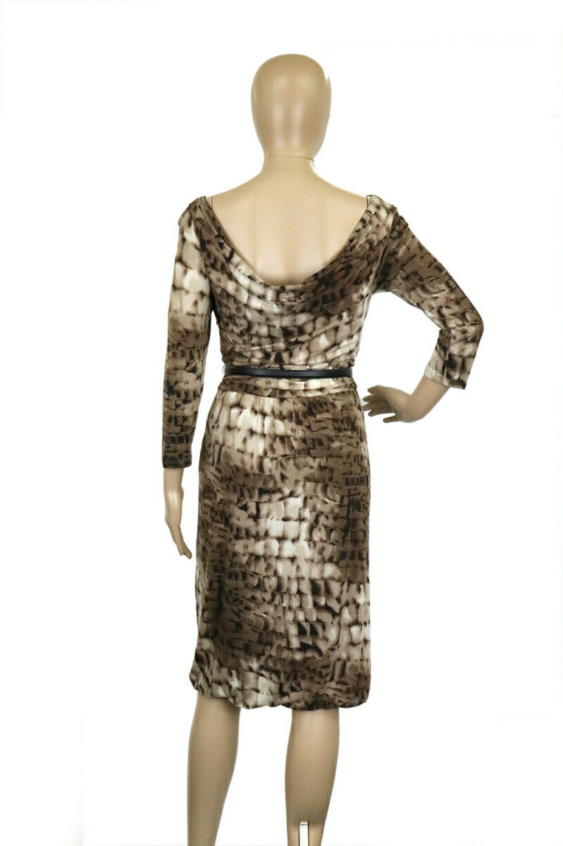 Max Mara マックス マーラ ワンピース 七分袖 ベルト付 総柄 ストレッチ レーヨン グレージュ系マルチカラー #38 クリーニング済 【中古】