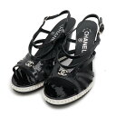 CHANEL シャネル ココマーク ストラップサンダル ウェッジソール パテントレザー フェイクパール ブラック 黒 #37 1/2 日本サイズ約24.5cm 【中古】