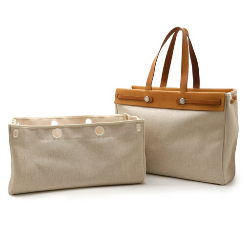 HERMES エルメス エールバッグ カバスMM トートバッグ ラージトート ショルダーバッグ トワルアッシュ レザー ナチュラル ライトブラウン □G刻印 【中古】 HERMES エルメス エールバッグ カバスMM トートバッグ ラージトート ショルダーバッグ トワルアッシュ レザー ナチュラル ライトブラウン □G刻印 【中古】