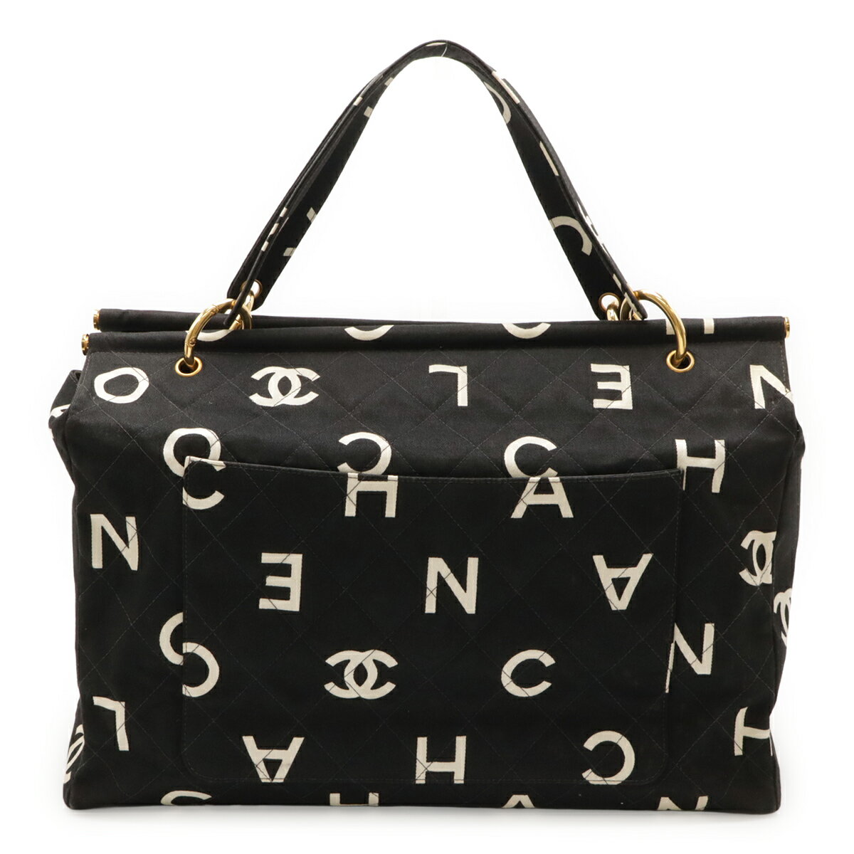 CHANEL シャネル ロゴ プリント トートバッグ ビッグトート キャンバス キルティング ブラック 黒 アイボリー 白 ゴールド金具 【中古】