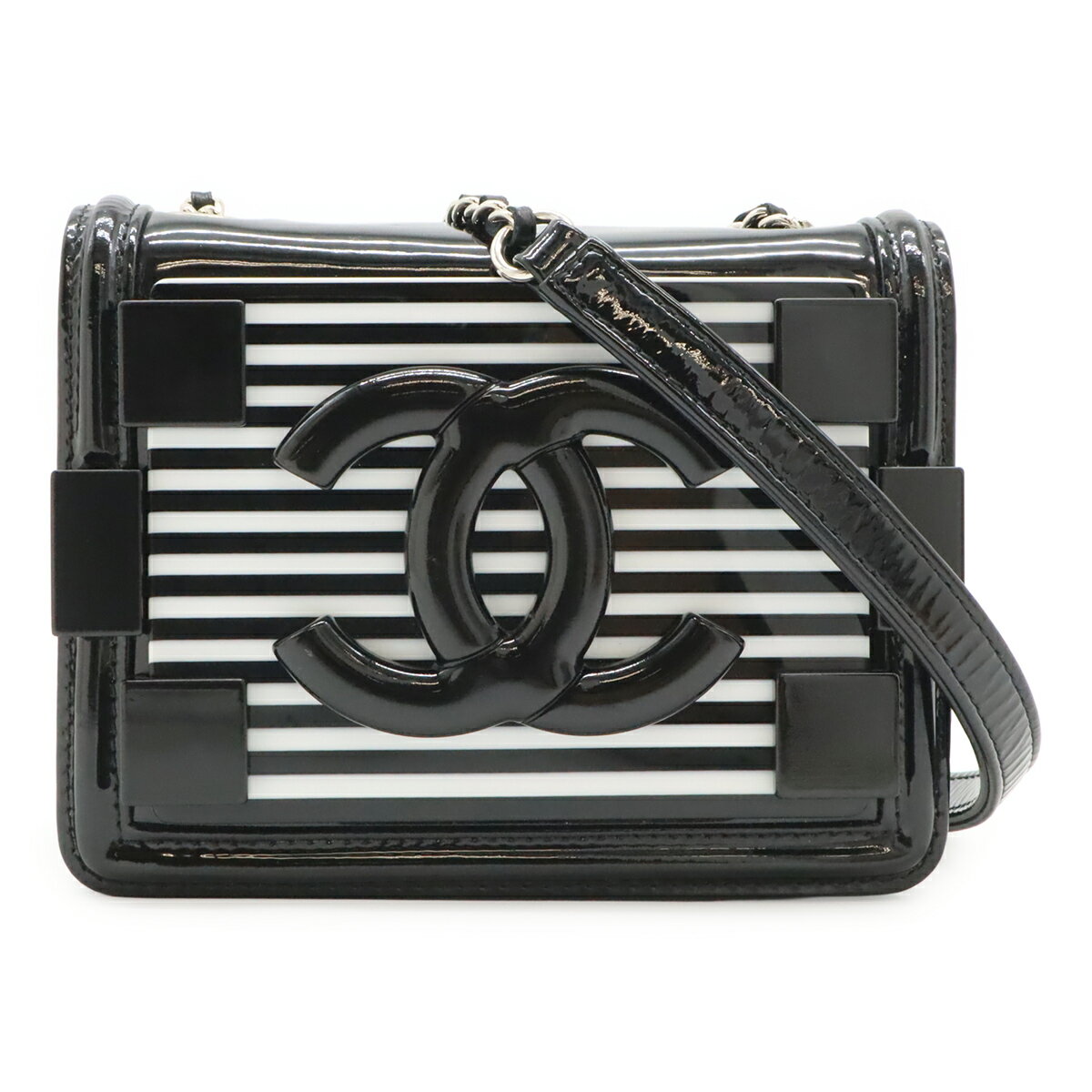 Rakuten - CHANEL シャネル レゴボーイ プラスチック ココマーク ボーダー チェーンショルダーバッグ ポシェット レザー ブラック 黒 ホワイト シルバー金具 【中古】