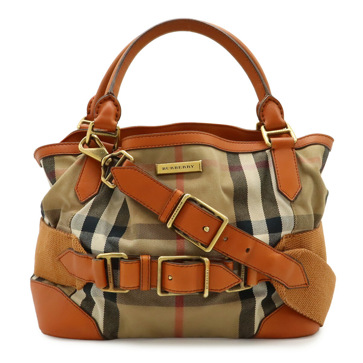 BURBERRY バーバリー ノバチェック チェック柄 ハンドバッグ 2WAY ショルダーバッグ 斜め掛け PVC レザー ベージュ オレンジ 【中古】