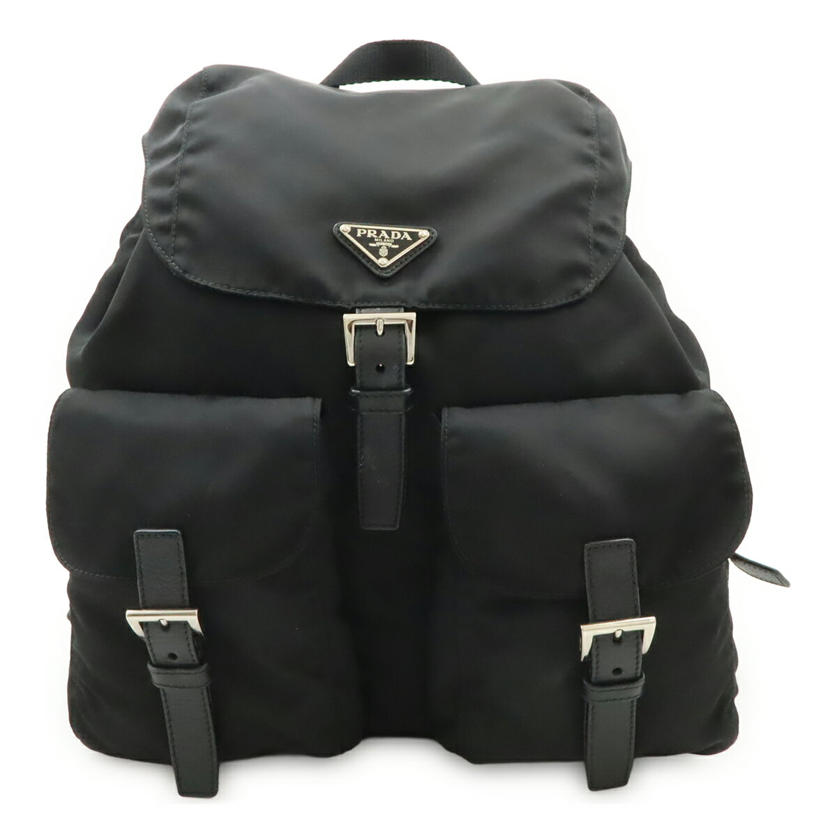 Rakuten - PRADA プラダ トライアングルロゴ バックパック リュックサック デイパック ナイロン レザー NERO 黒 ブラック シルバー金具 1BZ811 【中古】