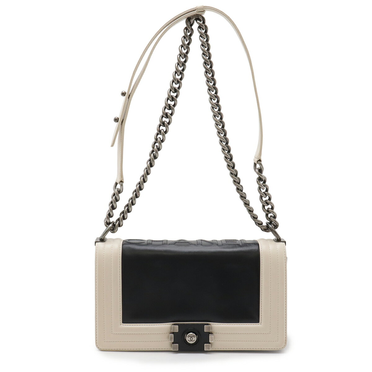 Rakuten - CHANEL シャネル ボーイシャネル25 ココマーク チェーンショルダーバッグ レザー ブラック 黒 アイボリー アンティークシルバー シルバー金具 【中古】