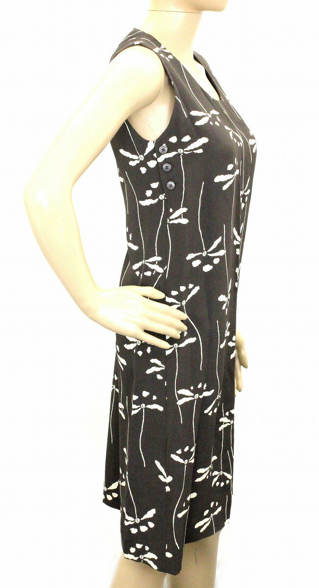 CHANEL シャネル レディース ワンピース ノースリーブ トンボ柄 98P シルク100% #36 ダークブラウン 茶 アイボリー P10407V06399 【中古】