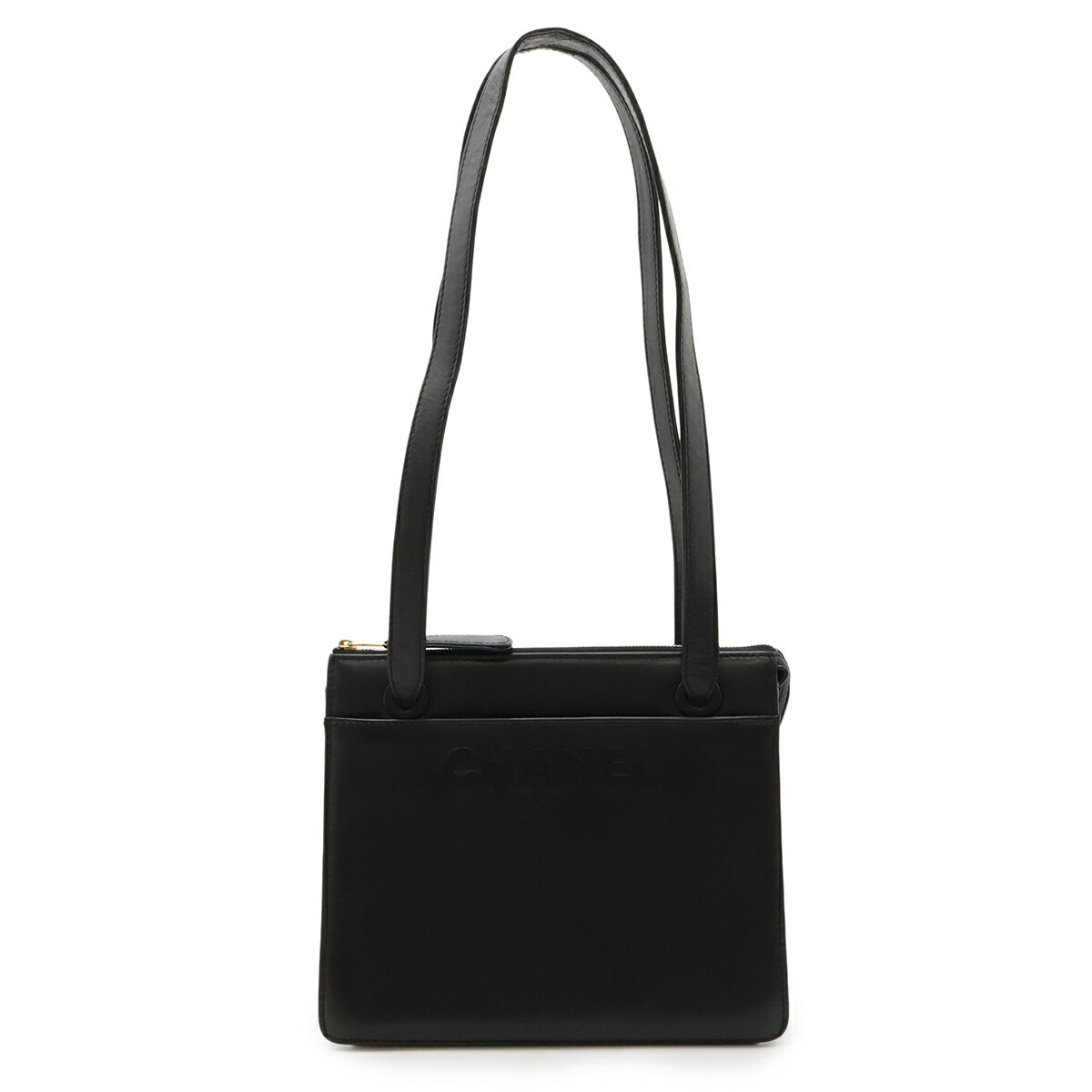 CHANEL シャネル ロゴ 刺繍 トートバッグ ショルダーバッグ セミショルダー 肩掛け レザー ブラック 黒 ゴールド金具 【中古】