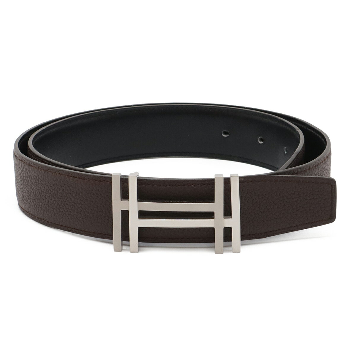 HERMES - HERMES エルメス H オ カレ アッシュ オ カレ Hベルト リバーシブル レザー ダークブラウン 茶 ブラック 黒 シルバー金具 #80 Y刻印 【中古】