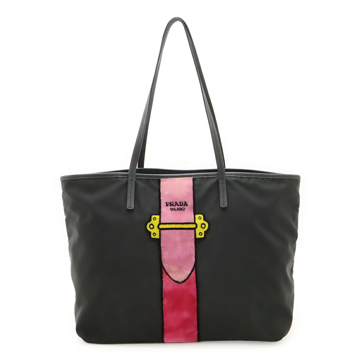 Rakuten - PRADA プラダ ベロア ベルト モチーフ トートバッグ ショルダーバッグ ナイロン レザー ブラック 黒 ピンク 1BG065 【中古】