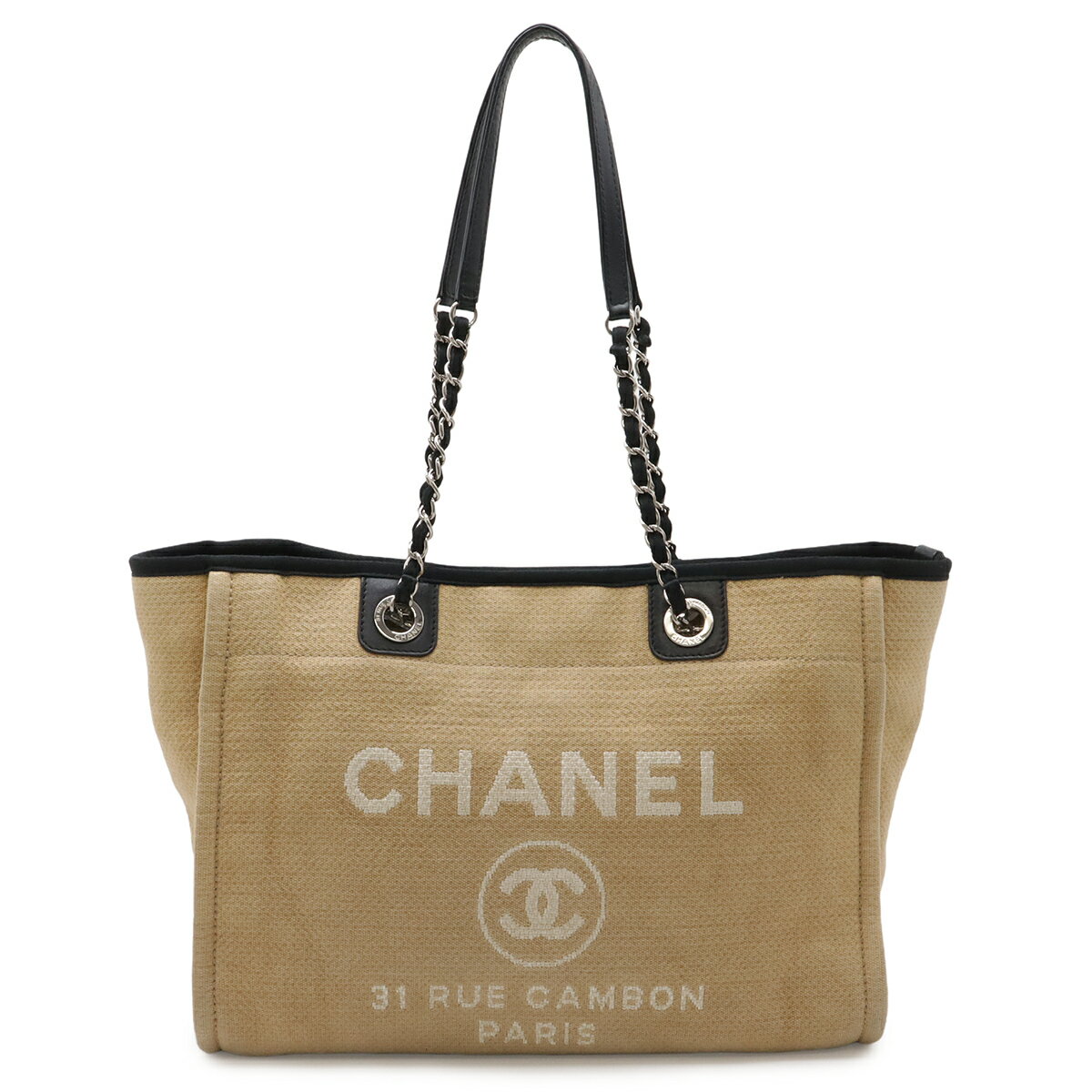 CHANEL - CHANEL シャネル ドーヴィルライン トートMM トートバッグ ショルダーバッグ チェーンショルダー キャンバス レザー ベージュ ブラック 黒 A67001 【中古】