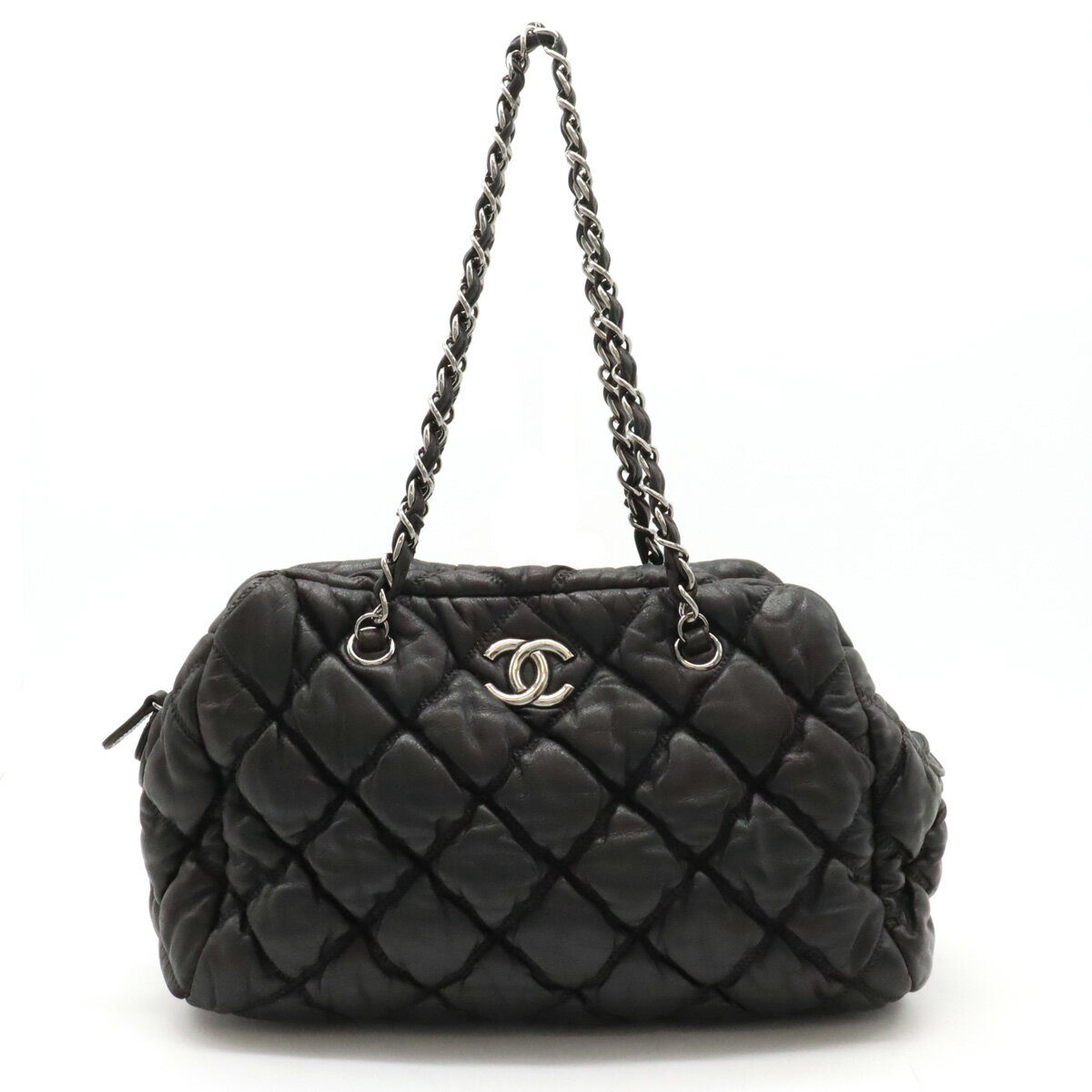 【バッグ】CHANEL シャネル バブルキルト チェーンショルダー ショルダーバッグ セミショルダー レザー ダークグレー シルバー金具 【中古】