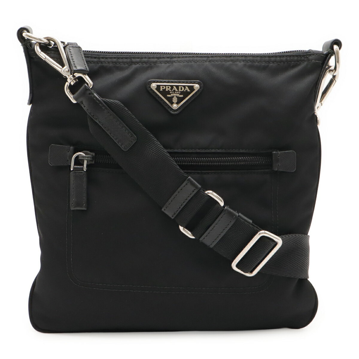 Rakuten - PRADA プラダ トライアングルロゴ ショルダーバッグ 斜め掛け ナイロン レザー NERO 黒 ブラック シルバー金具 1BH716 【中古】