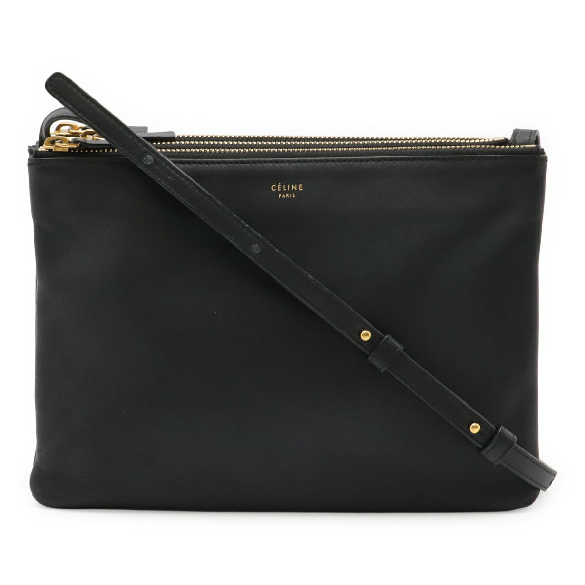 CELINE セリーヌ トリオ ラージ ショルダーバッグ ポシェット 斜め掛け ポーチ レザー ブラック 黒 シルバー金具 171453 【中古】