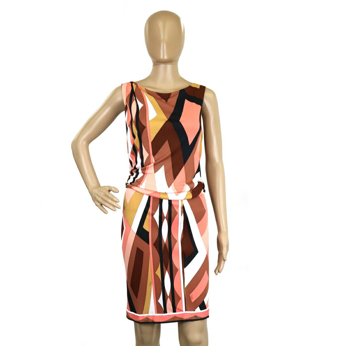 EMILIO PUCCI エミリオ プッチ ワンピース プッチ柄 ノースリーブ レーヨン サーモンピンク系マルチカラー #36 クリーニング済 【中古】