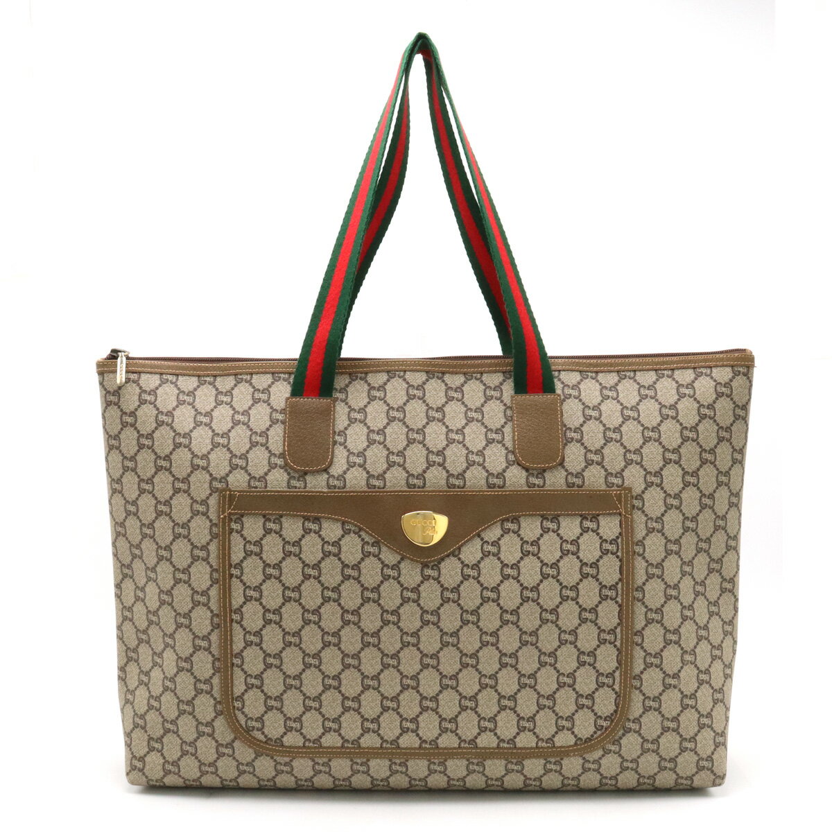 【バッグ】GUCCI グッチ オールドグッチ グッチプラス シェリーライン GGプラス トートバッグ ショルダーバッグ PVC ベージュ カーキブラウン 茶 【中古】