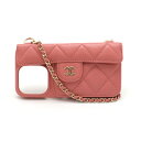 CHANEL シャネル マトラッセ iPhone14pro ケース ココマーク 携帯ケース スマホケース チェーンショルダー レザー ピンク AP3553 【中古】