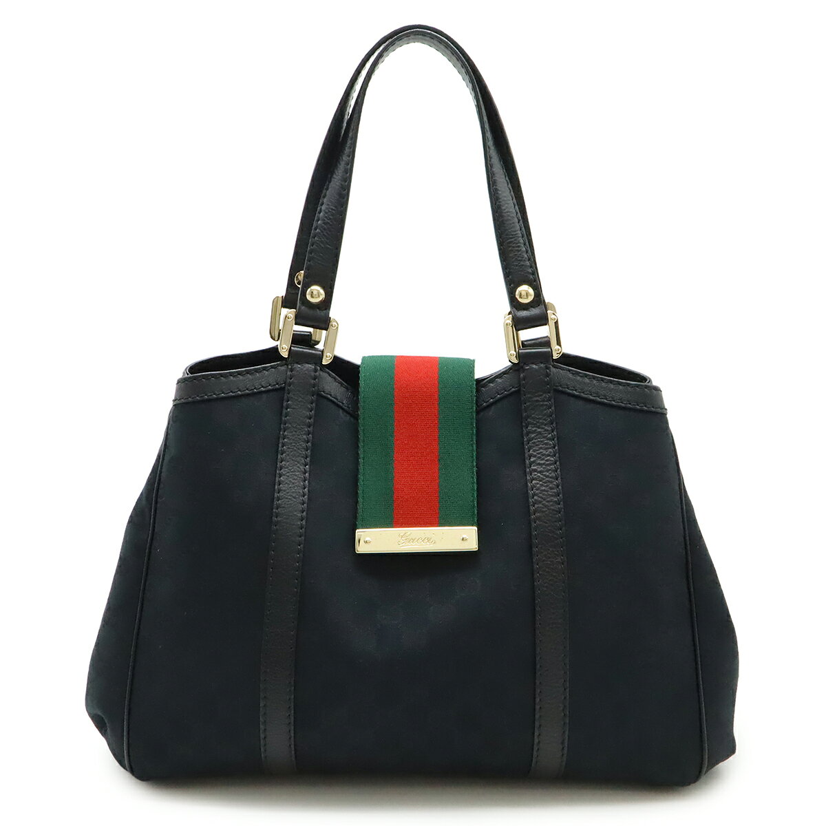 GUCCI - GUCCI グッチ GGキャンバス シェリーライン トートバッグ ショルダーバッグ レザー ブラック 黒 グリーン 緑 レッド 赤 ゴールド金具 233609 【中古】