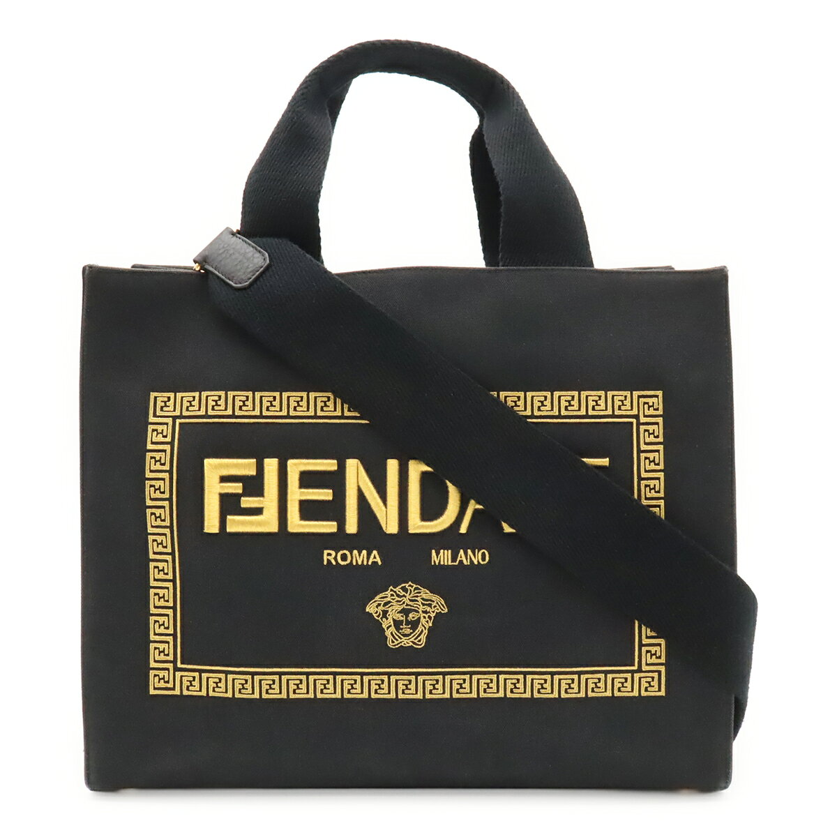 FENDI フェンディ FENDACE フェンダーチェ ヴェルサーチェ コラボ トートバッグ 2WAY ショルダーバッグ キャンバス ブラック 黒 ゴールド 8BH395 【中古】