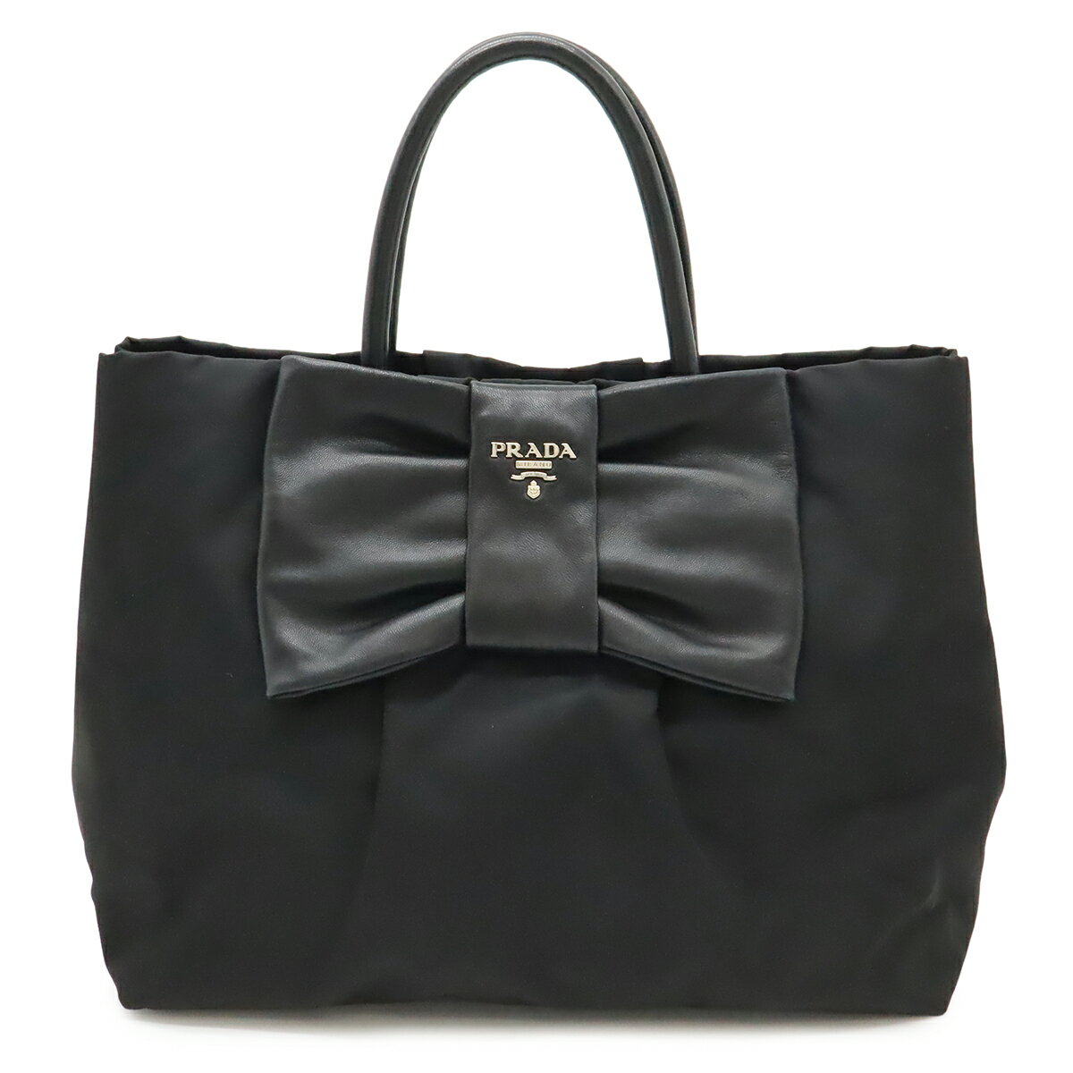 PRADA プラダ トートバッグ ハンドバッグ リボン ナイロン レザー NERO 黒 ブラック シルバー金具 BN1601 【中古】