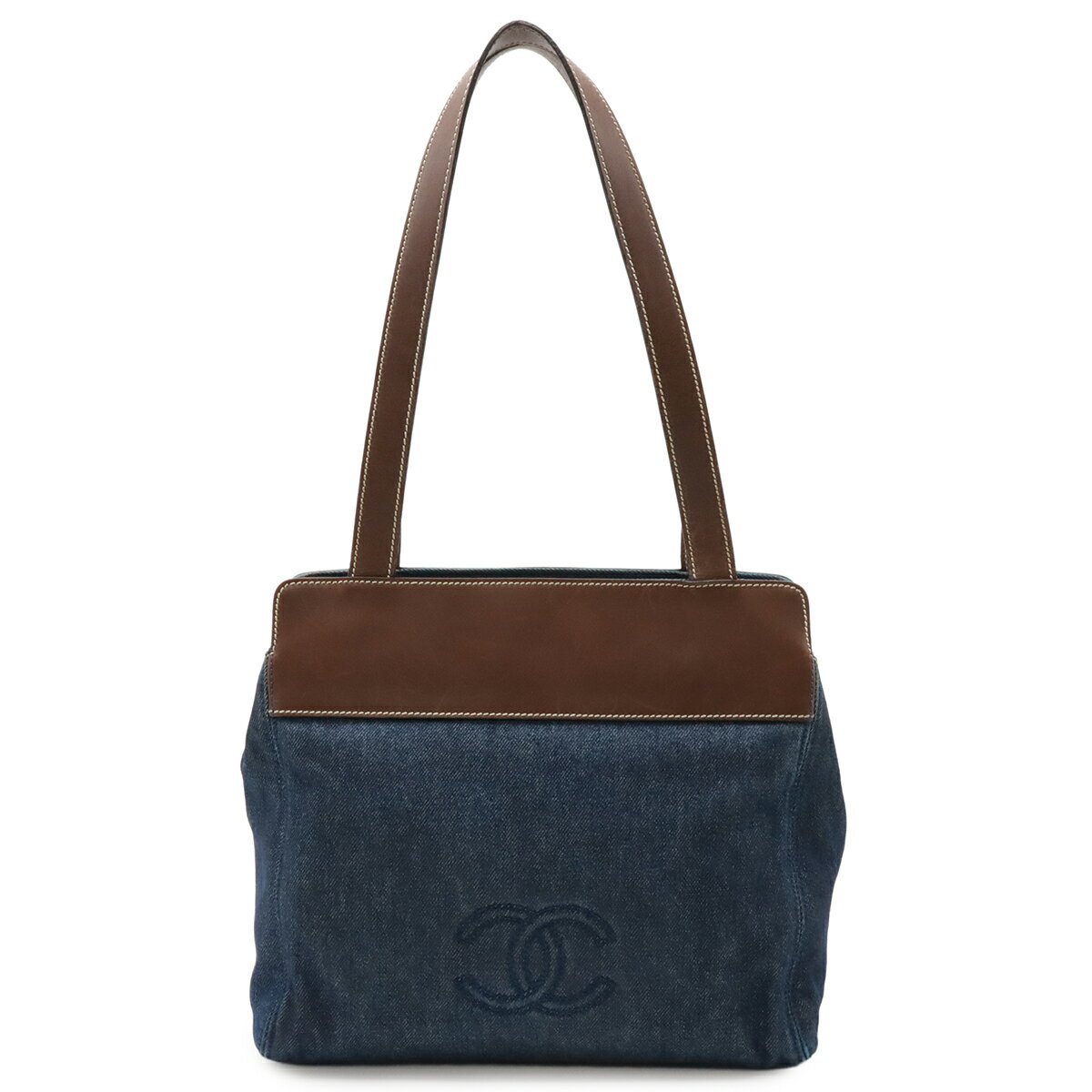 CHANEL シャネル ココマーク トートバッグ ショルダーバッグ セミショルダー 肩掛け デニム レザー ブルー ダークブラウン 茶 【中古】