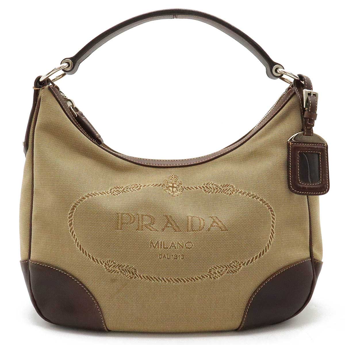 【バッグ】PRADA プラダ ロゴジャガード ワンショルダーバッグ キャンバス レザー CORDA ベージュ MORO ダークブラウン 海外ブティック購入品 BR3423 【中古】